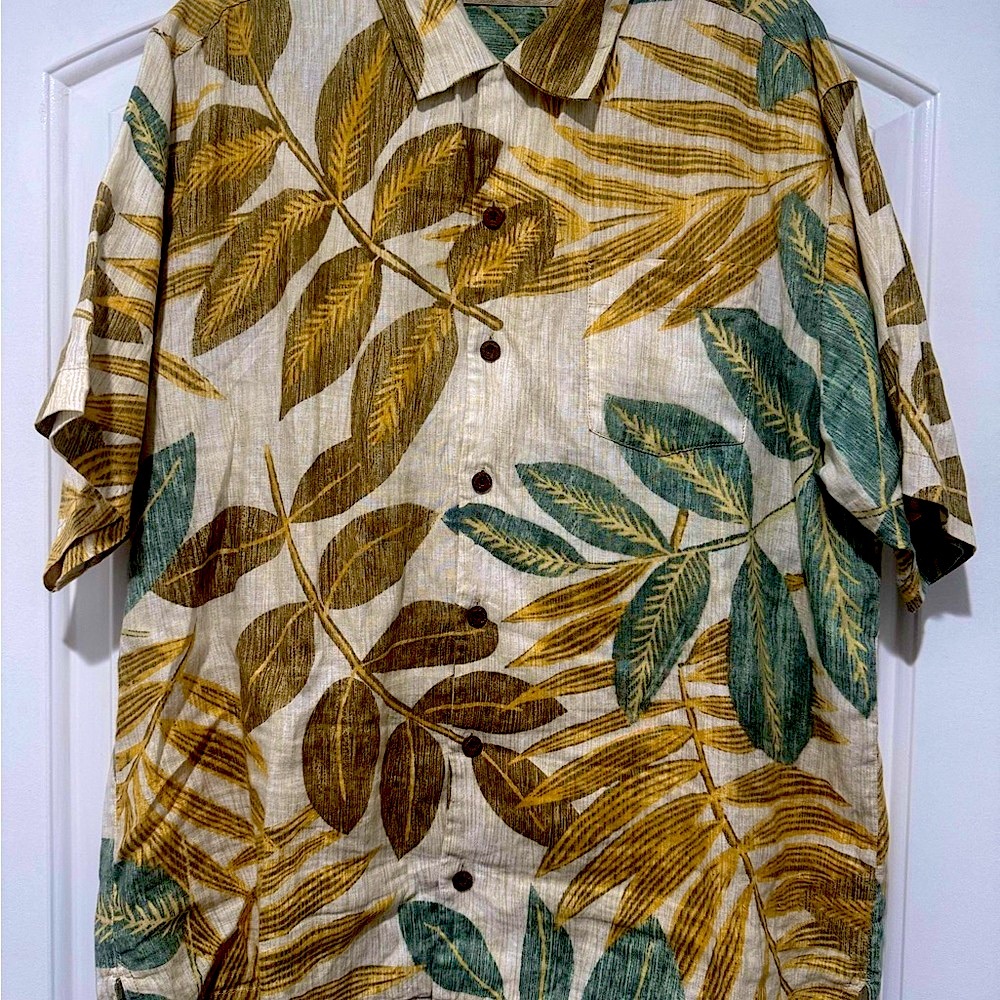Tommy Bahama Hawaiian Shirt Mens L Linen green/gold tropical  coconut buttons